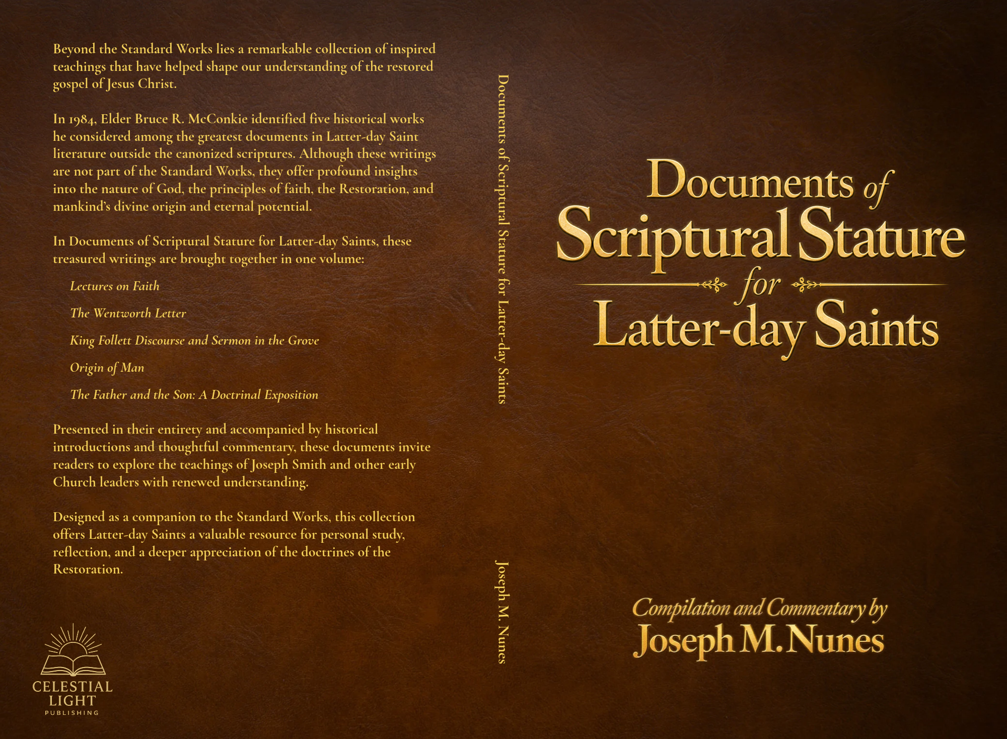 Brown leather book cover for Documents of Scriptural Stature for Latter-day Saints by Joseph M. Nunes